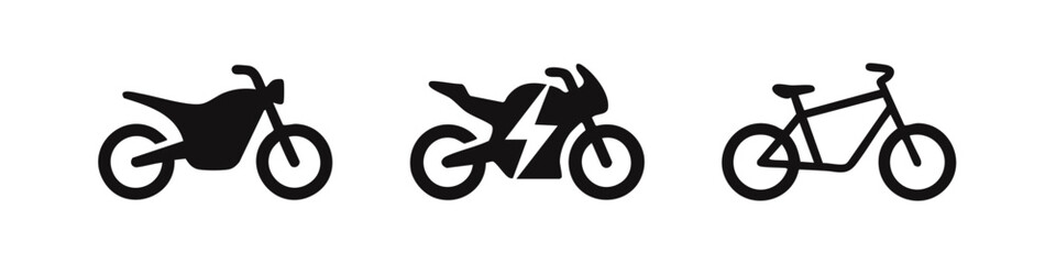Obraz premium Minimalist black silhouette icons of a motorcycle, an electric motorbike with a lightning bolt symbol, and a bicycle on a white background.