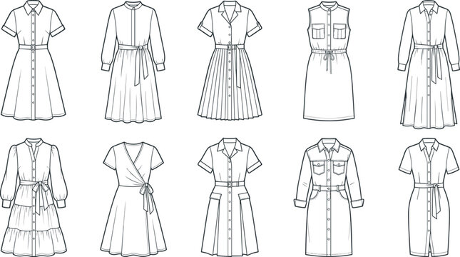 Fashion Technical Sketch Set of Women Shirt Dresses with Belts, Sleeveless and Long Sleeve Variations for Design CAD and Tech Pack Production