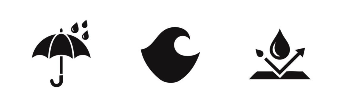 Set of three black icons representing waterproof, water-resistant, and repellent properties for product labels, textiles, and outdoor gear.