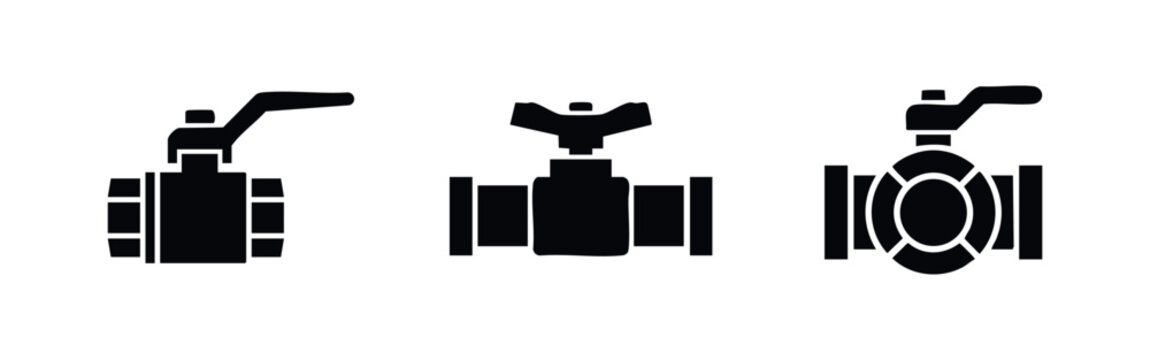 Set of three black industrial valve icons for piping and plumbing systems, including ball and gate valves, isolated on a white background.