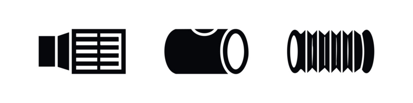 Minimalist black icons representing industrial components: a ventilation intake, a cylindrical pipe fitting, and a flexible bellows tube.
