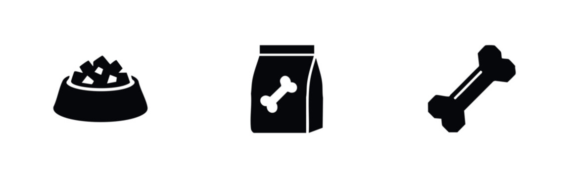 A set of black and white pet food icons featuring a full food bowl, a bag of dry food with a bone logo, and a dog bone isolated on white background.