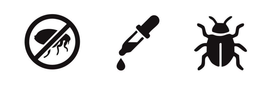 Set of black icons representing pest control, flea prevention with a prohibited sign, medicine dropper for treatment, and an insect bug icon.