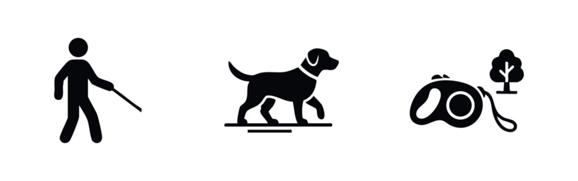Set of minimalist black icons featuring a visually impaired person with a cane, a walking dog, and a retractable leash for pet care and accessibility.