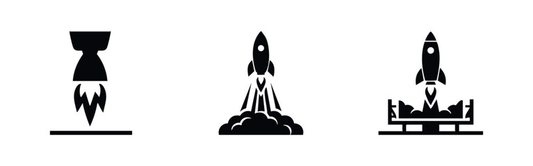 Fototapeta premium A minimalist vector set of three black rocket launch icons featuring engine fire, liftoff with smoke, and a launchpad. Perfect for startup themes.