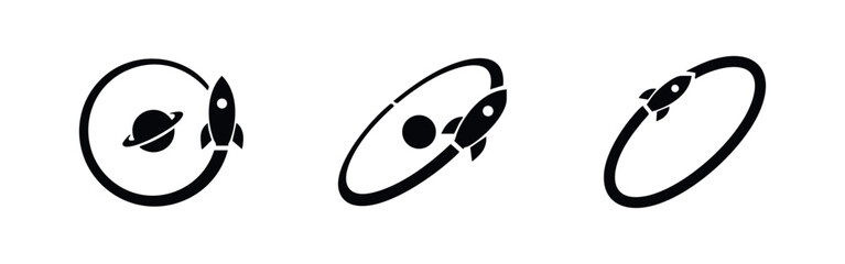 Three black minimalist space rocket icons orbiting planets on a white background, representing space exploration, travel, and technology. © Lili