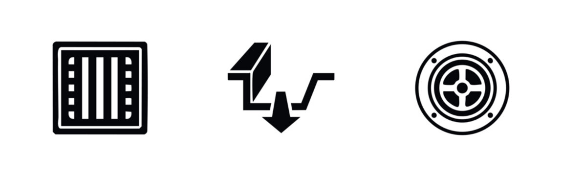 Set of black drainage system icons including a square grate, a gutter profile with flow direction, and a circular floor drain on white background.