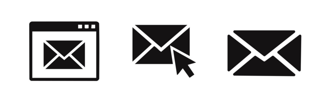 Professional set of black email and message icons featuring a browser window, an envelope with a cursor, and a classic envelope silhouette.