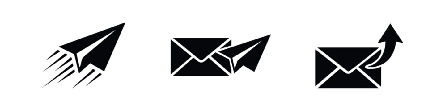 A collection of black minimalist icons featuring a paper plane and mail envelopes, representing fast delivery, email sending, and correspondence.