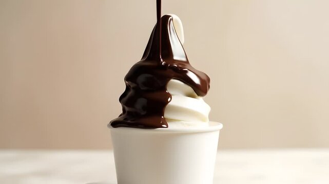 Soft serve ice cream with chocolate sauce being poured on top in a white cup