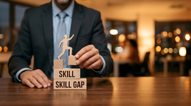 Businessman bridging skill gap with wooden blocks on office desk symbolizing professional development, workforce training, talent shortage, career growth, competency building in modern business
