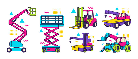 Construction machinery equipment icon set, heavy industrial vehicles in colorful flat design with boom lift, forklift and scissor lift for engineering, logistics and building site workspace vector gra © Dinali