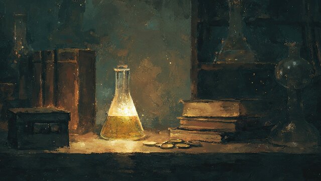 古書と薬瓶が並ぶ錬金術研究室の幻想的イラスト背景