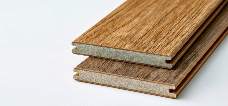 Two vinyl planks featuring realistic wood grain texture, demonstrating interlocking tongue and groove edges for modern home renovation projects and interior design