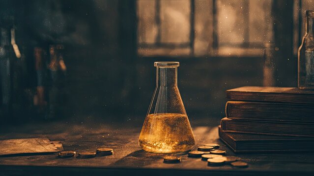 幻想的な錬金術フラスコと古書のダークファンタジー背景イラスト