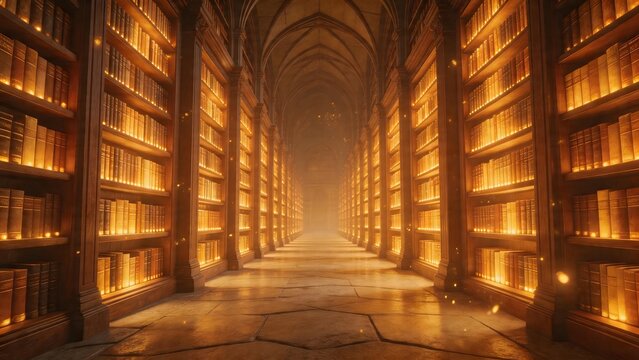 Long library corridor with bookshelves