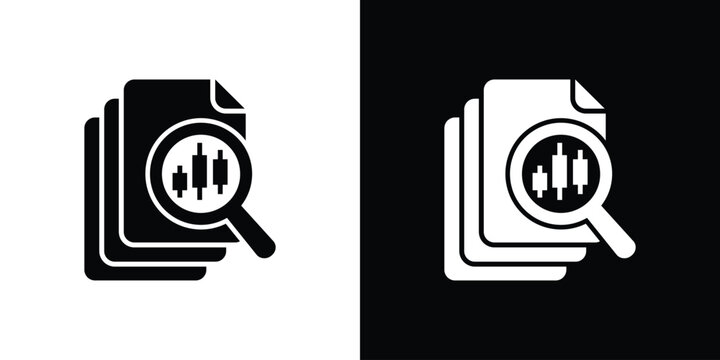 Document icon under a magnifying glass showing stock market candlesticks. Financial auditing, trading report analysis, and data research vector.
