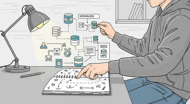 Person designing database schema and flowcharts on desk with lamp
