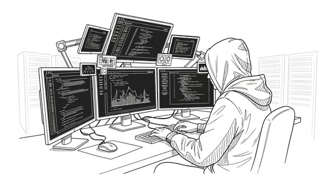 Programmer in Hoodie Coding on Multiple Monitors with Graphs