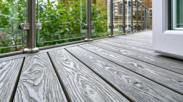 Modern balcony deck featuring grey composite decking boards with natural wood grain texture. Complemented by a sleek glass balustrade and stainless steel posts
