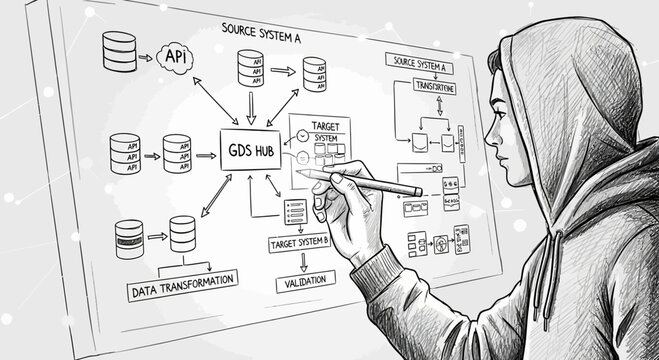 Programmer draws data flow diagram on screen, tech concept