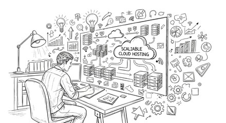 Obraz premium Man working on scalable cloud hosting concept with icons and charts