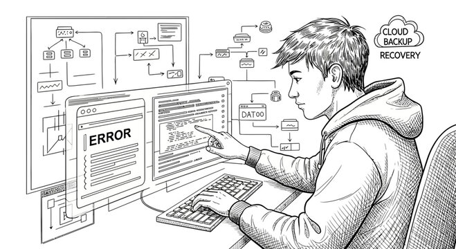 Programmer working on computer, cloud backup and error message on screen.