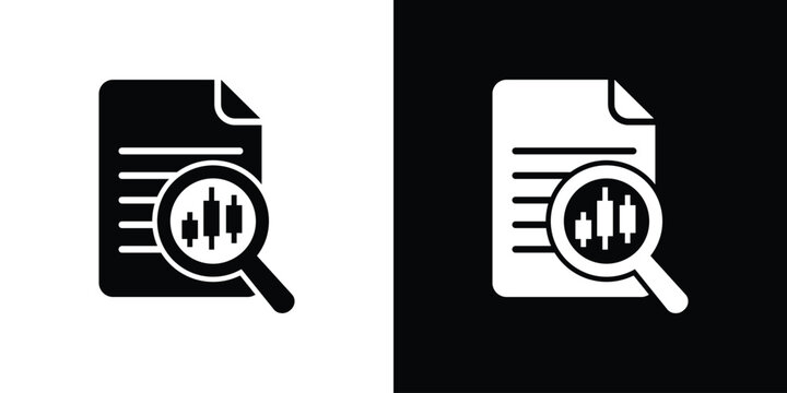 Document icon under a magnifying glass showing stock market candlesticks. Financial auditing, trading report analysis, and data research vector.
