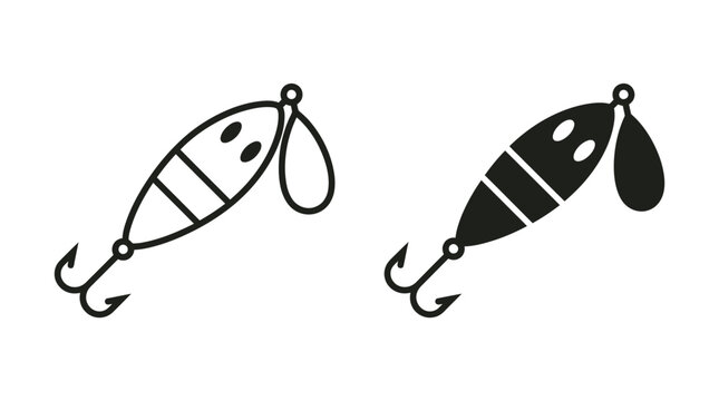 Two simple fishing lure icons featuring a sharp hook and a rotating metal spinner blade design