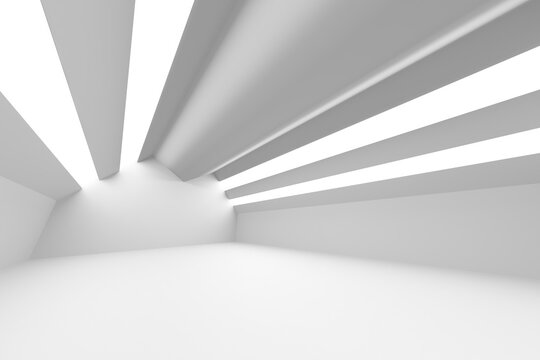 White vaulted interior with linear skylight slits creating directional beams for minimalist background and studio stage design.3d render