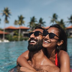 Obraz premium Couple embracing in pool at tropical resort with palm trees