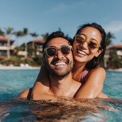 Obraz premium Couple embracing while wading in resort swimming pool