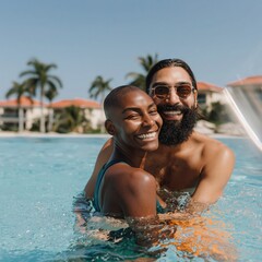 Fototapeta premium Couple embracing and smiling while in swimming pool