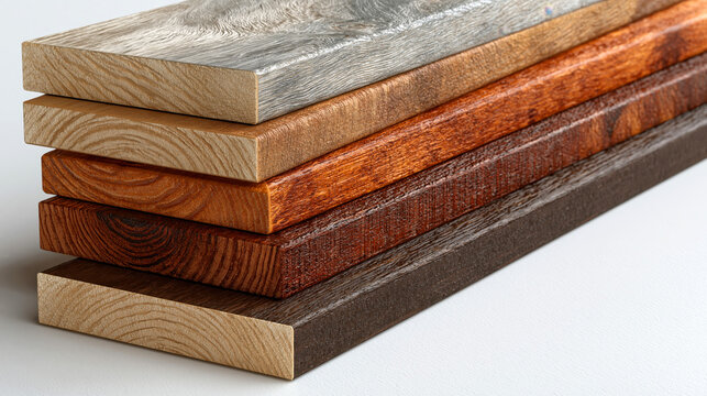 Horizontal stack of various wood planks showcasing different hues, textures, and grain patterns, representing carpentry, interior design, and home renovation choices