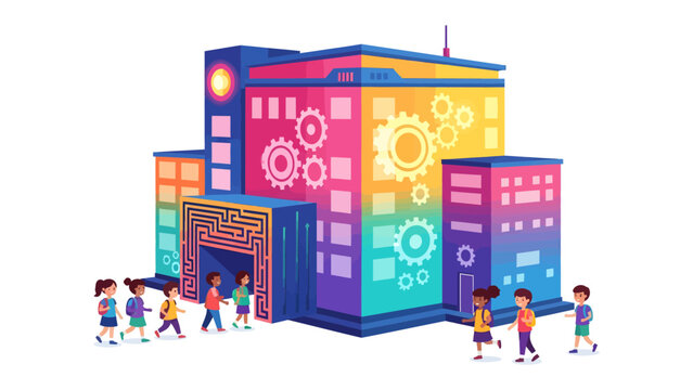 Futuristic Learning Center: A vibrant, colorful modern building, adorned with abstract gears and maze-like entrance, welcomes diverse children eager to explore and learn.