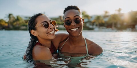 Obraz premium Two women laughing in pool at tropical resort during sunset