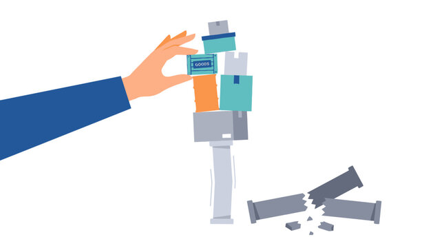 A hand carefully balancing colorful stacked blocks on a fragile pedestal. EPS Editable. Vector Illustrations.