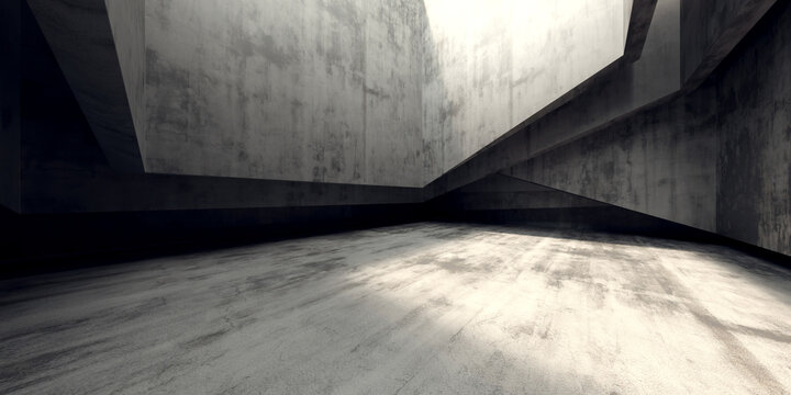 Empty industrial concrete interior space with dramatic shadows for background poster and wallpaper design.3d render