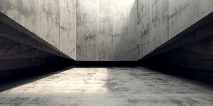 Industrial concrete interior with dramatic overhead opening and moody shadows for architectural background and urban design wallpaper.3d render