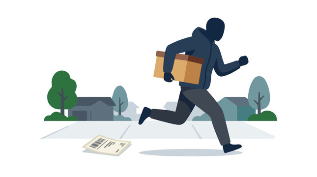 A masked thief running away with a stolen cardboard delivery package. EPS Editable. Vector Illustrations.