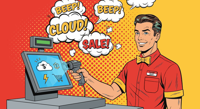 Retailer scanning cloud symbols on touchscreen, sale concept, pop art style