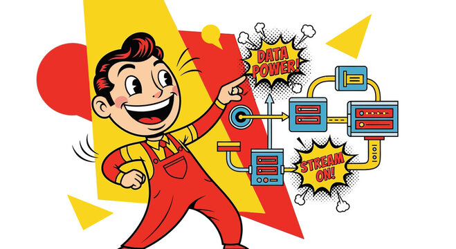 Retro Boy Explains Data Streaming, Innovation Concept