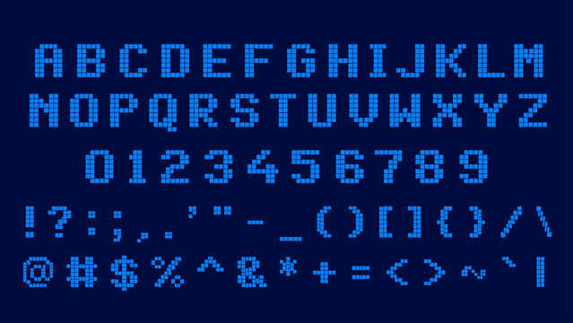 Retro pixelated alphabet and numbers in blue on a dark background