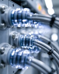 Fototapeta premium Closeup of nylon cable glands securing electrical cables through industrial paneling highlighting flexible strain relief and weatherresistant sealing in a controlled workspace.