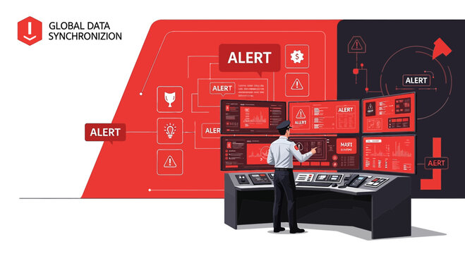 Man using VR headset in control room with alert monitors, data synchronization concept