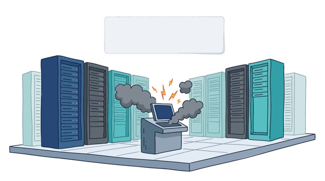 Broken computer terminal emitting smoke inside a server room data center. EPS Editable. Vector Illustrations.