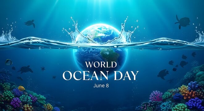 World ocean day concept globe submerged in water with marine life