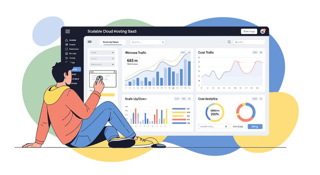 Man viewing cloud hosting dashboard analytics on phone and screen