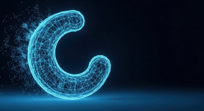 A blue wireframe letter c on a black background