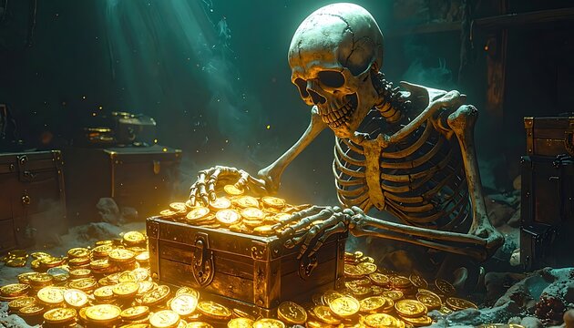 Skeleton guarding treasure chest gold coins.